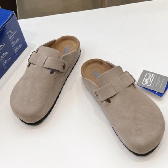 Birkenstock Boston Narrow | Wide Suede Leather Women Men Taupe Shoes - Picture 6 of 9